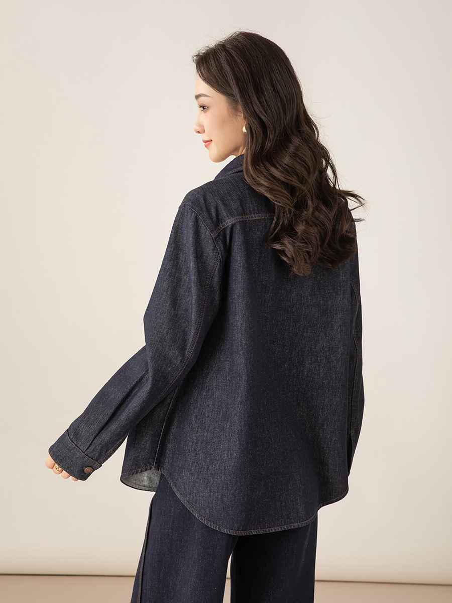 Áo sơ mi denim lông cừu Xinge dáng rộng nữ mùa đông phong cách muối — màu xanh denim