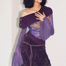 W176TP欧美跨境2024秋季新款斜肩长袖印花拼接网纱修身短款女上衣