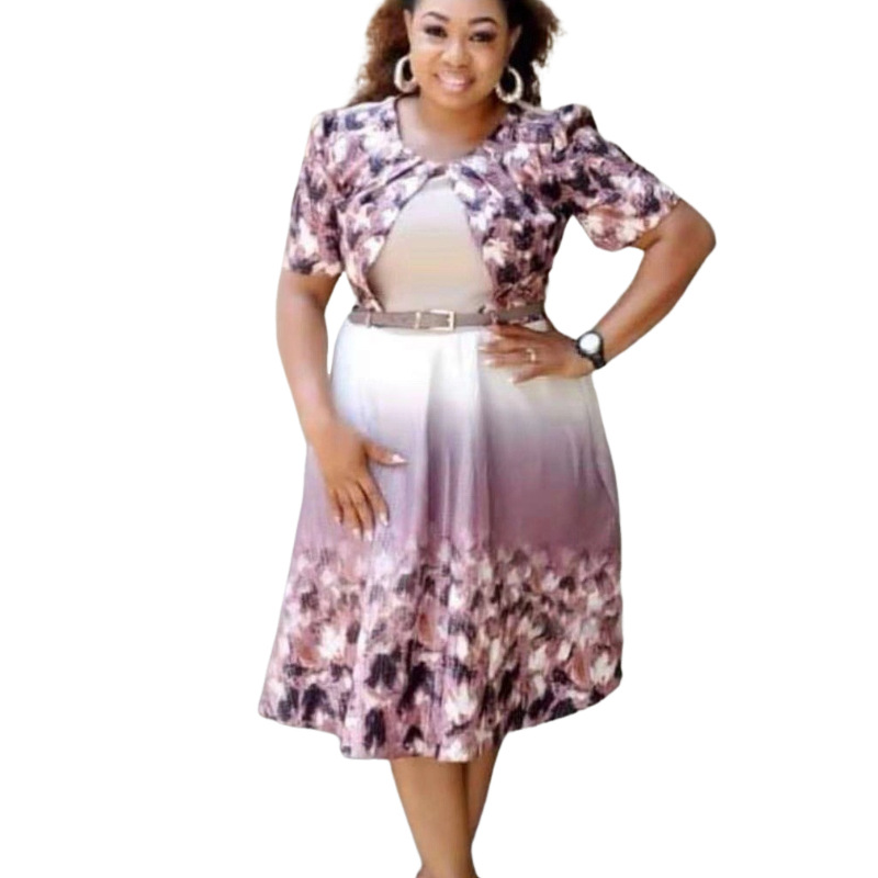 Cross-border supply plus size African women's new digital printing short sleeve round neck fake two-piece Large swing dress gift belt