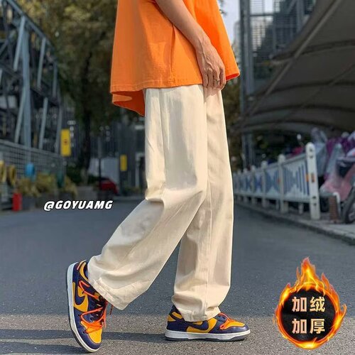 Khaki Pure Cotton Pants for Men: Fleece-Lined, Thick Casual Trousers for Spring, Autumn, and Winter—Men's Style with a Flowing, Wide-Legged, Loose-Fit, Straight-Leg Design