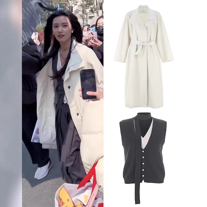 In-Stock Lu Yuxiao Style White Stand Collar Mid-Length Trench Coat for Women 2025 Autumn Lace-Up Coat Petite