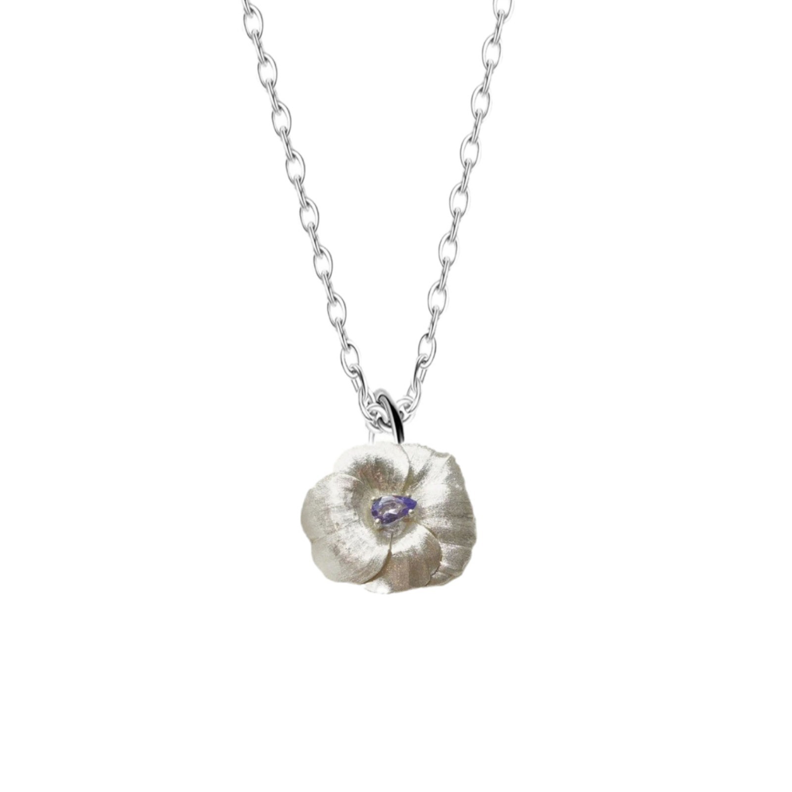 Brushed Craft Three-Dimensional Flower Pansy Necklace For Women, Chinese Retro Cool Style, Micro-Inlaid S Silver_voghion.com
