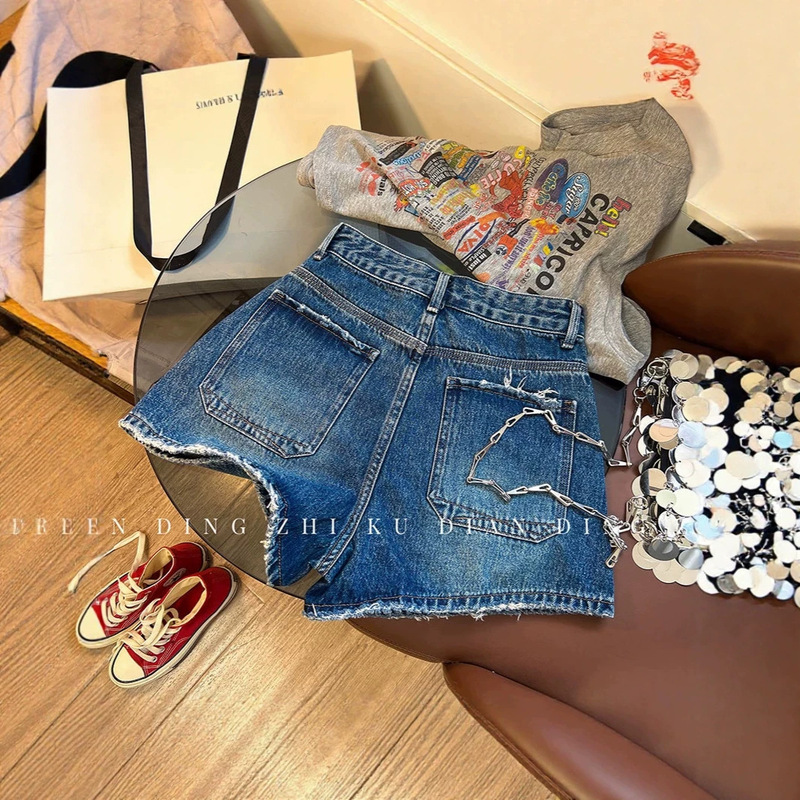High-end color! Women's ripped denim shorts, 2026 summer Korean version, high-waisted A-line, slimming wide-leg hot pants, stylish High-end color! Women's ripped denim shorts, 2026 summer Korean version, high-waisted A-line, slimming wide-leg hot pants, stylish