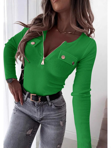 New Autumn European and American Style Fashionable Knitted Slim-Fit Long-Sleeved Zip-Up Top T-Shirt