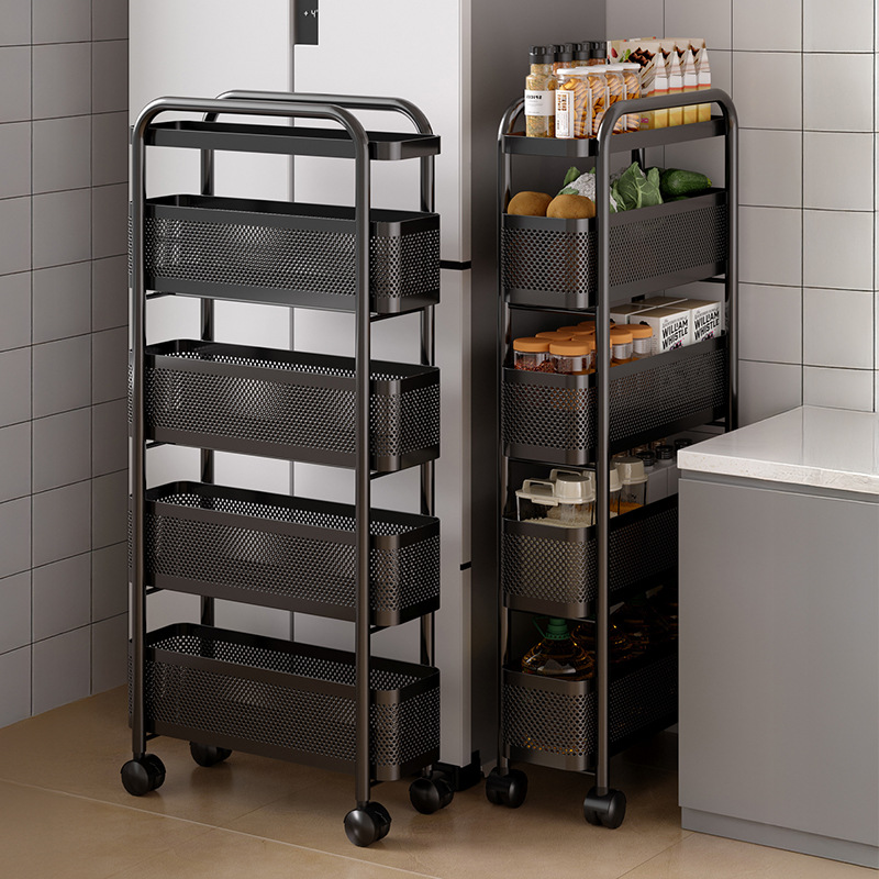 Estante de cocina, carrito, piso, botella de condimento multicapa, estante de almacenamiento de frutas y verduras, estante de almacenamiento de espacio estrecho móvil
