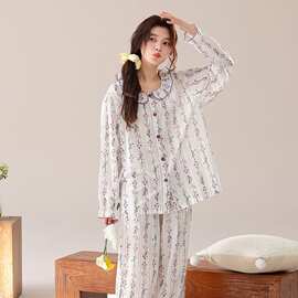 春秋新款梭织纯棉女长袖长裤套装睡衣碎花甜美休闲女家居服图片色