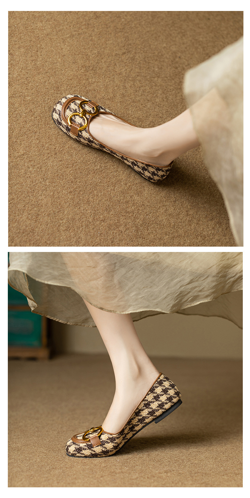 Damen Retro Karo Moccasins Mit Eckiger Kappe Und Schnalle_voghion.com