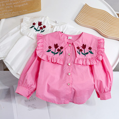 女童2023新款春裝女寶寶百搭翻領襯衫小童刺繡襯衣兒童春秋打底衫