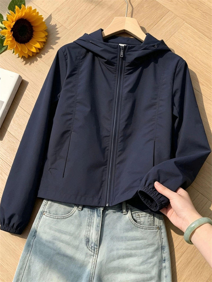 Áo khoác cardigan nữ dáng ngắn có mũ, khóa kéo, form rộng phong cách Hàn Quốc — Màu vàng xanh, Màu xanh tím than chi tiết 2