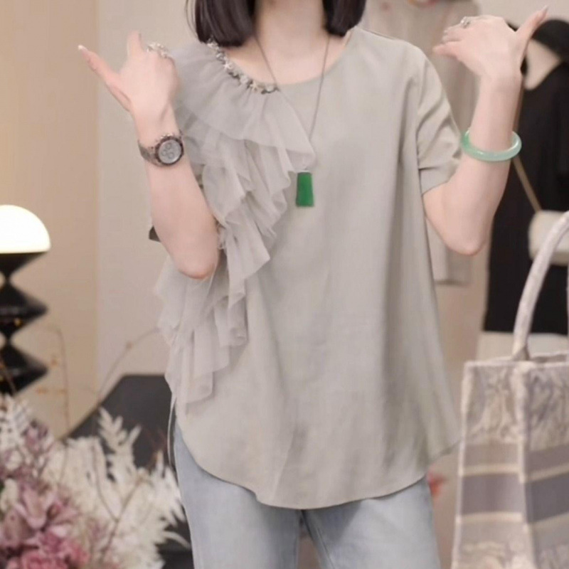 2026 New Summer Outing Niche Design Stylish and Elegant T-Shirt Trendy Lace Trim Rhinestone Short-Sleeve Top 2026 New Summer Outing Niche Design Stylish and Elegant T-Shirt Trendy Lace Trim Rhinestone Short-Sleeve Top