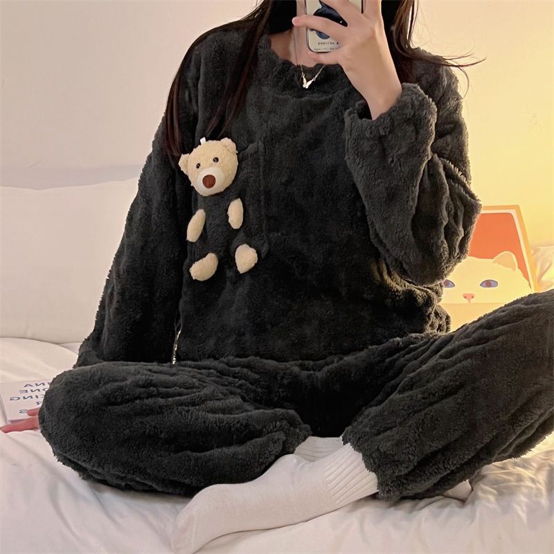 Pijamas de lana de coral con cuello de muñeca dulce francés para mujer más terciopelo engrosado ropa de hogar de franela de invierno traje de gran tamaño invierno