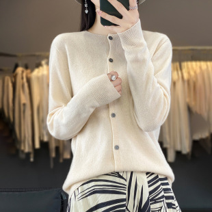 New autumn and winter 100% pure wool knitted cardigan for women loose solid color long-sleeved knitted wool jacket sweater for foreign trade