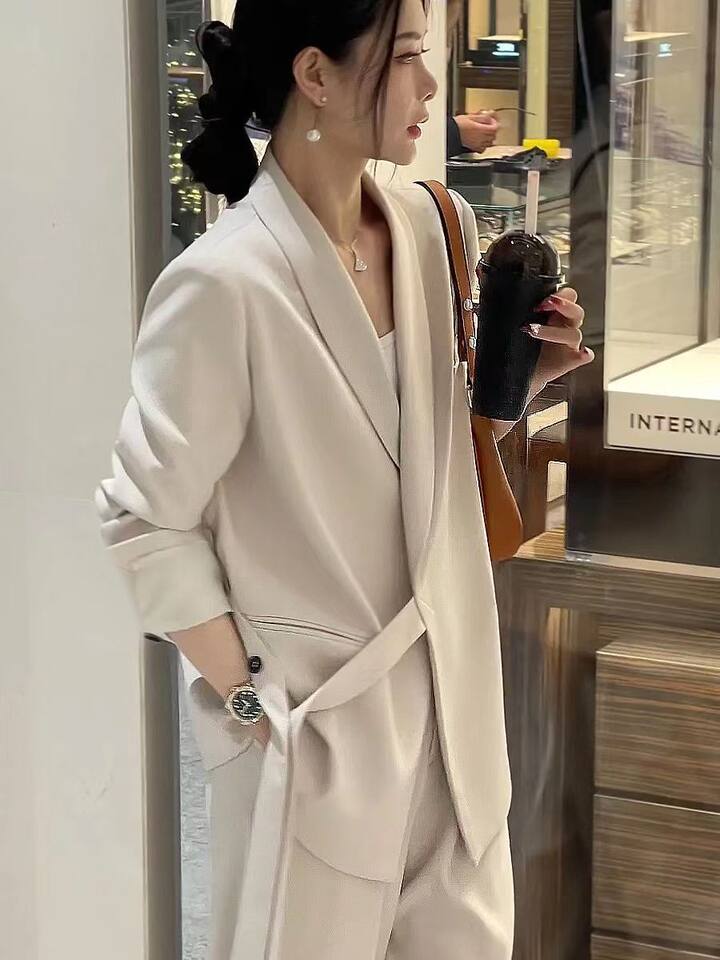 Bộ vest nữ hai mảnh dáng ôm thanh lịch, tay dài, phong cách công sở sang trọng — đen (bộ đồ), Kaki (bộ), Màu trắng nhạt (bộ), hồng (bộ) chi tiết 9