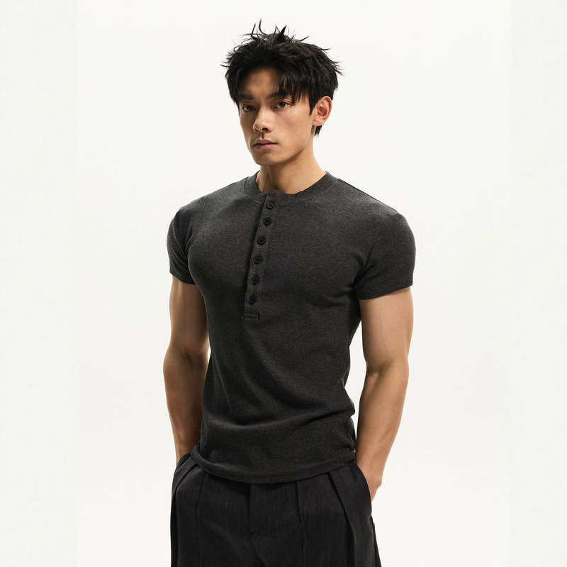 Black Henry collar short-sleeve men's summer fitness t-shirt, muscular fit with cuffed sleeves, tough guy style, American old money style short-sleeve