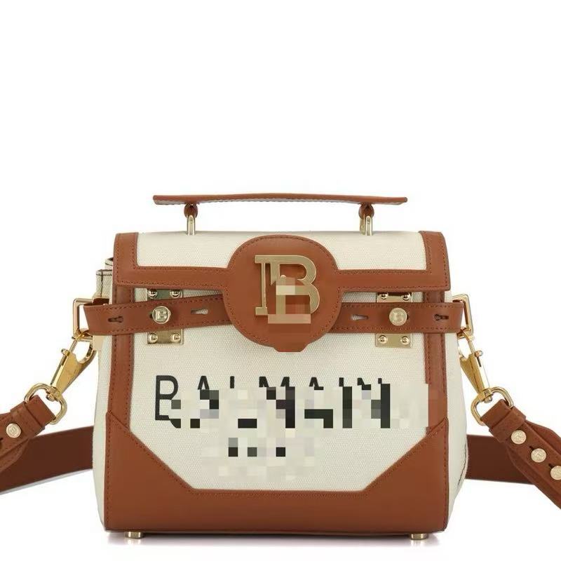 2025 New Balmain Canvas Stitching Women's Shoulder Crossbody Small Motorcycle Bag Spring New Calfskin Bag
