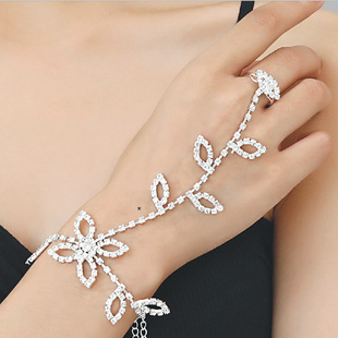Korean women's leaves hand back chain circle butterfly rhinestone foot ring integrated chain bride wedding accessories exquisite