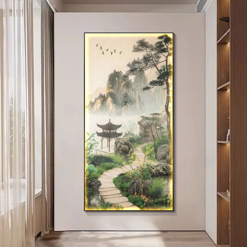 山水入户玄关装饰画新中式客厅风景走廊过道挂画书房茶室led灯画|undefined