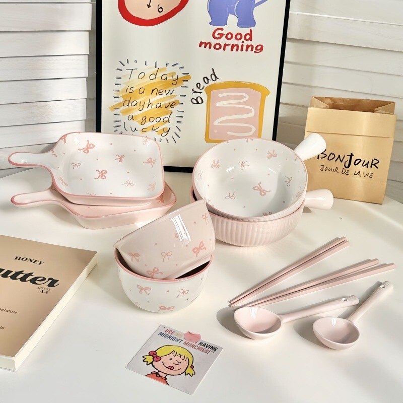 Girl's Bow Ceramic Handle Bowl Set Rice Bowl Underglaze Color Tableware High-Value Ins Style Pink Handle Plate