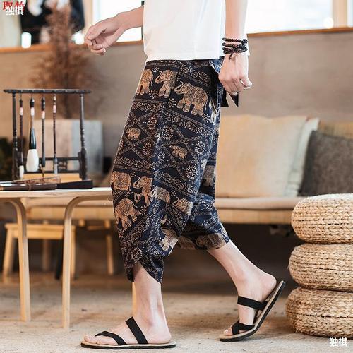 Summer Thailand Elephant Wide-Leg Pants Linen Shorts Flower Pants Lantern Pants Beach Pants 97% Pants Plus Size Men's Clothing