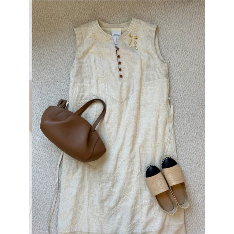 OK-103 Популярное в этом году высококачественное свободное льняное платье-жилет без рукавов, летнее платье в стиле богини