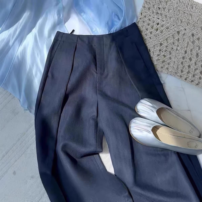 High-End Navy Blue High-Waisted Pleated Linen Suit Pants for Women, New Spring Style, Old Money Style Casual Wide-Leg Long Pants