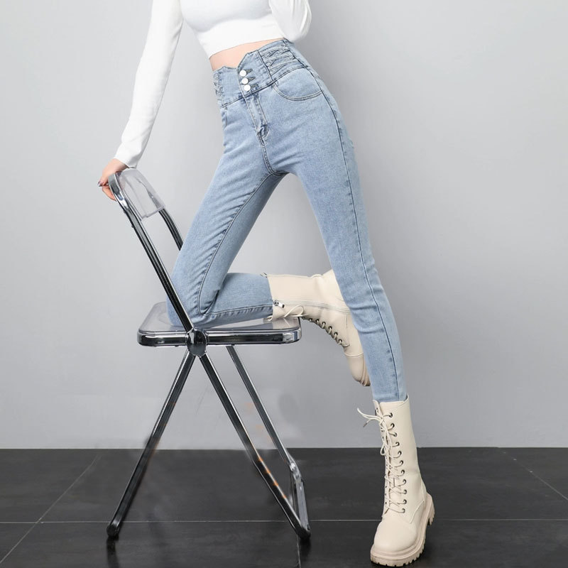 Three-button Single-row Super-high-waist Jeans Women's Slim-fit Light-colored Stretch Cropped Pants Tight-fit Pencil Pants Three-button Single-row Super-high-waist Jeans Women's Slim-fit Light-colored Stretch Cropped Pants Tight-fit Pencil Pants