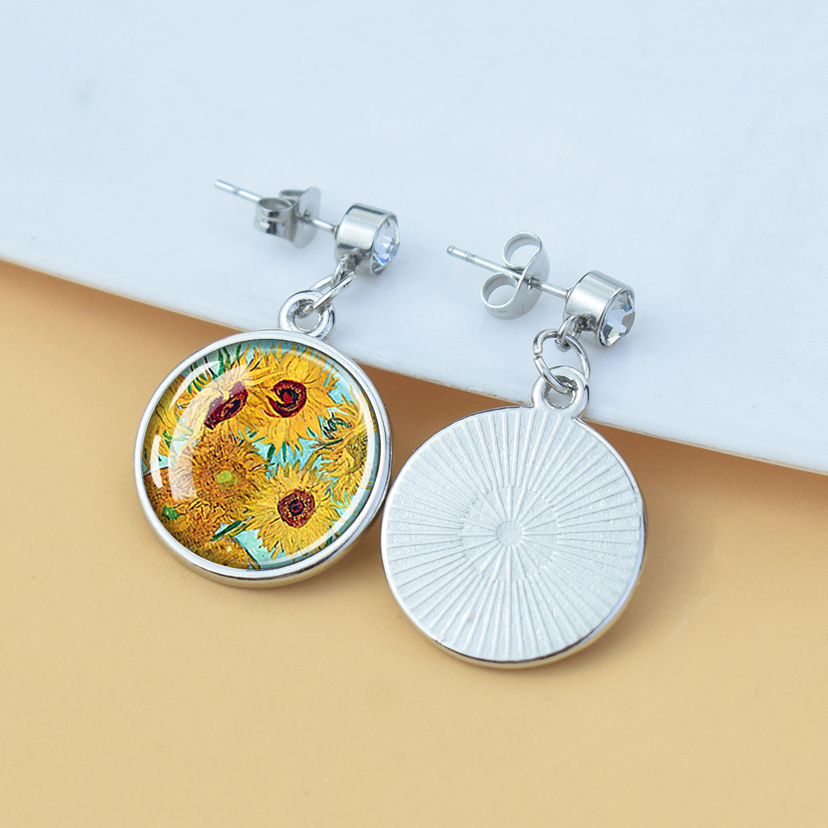 Pendientes de diamantes brillantes de flores Iris de girasol Van Gogh Art Starry Sky Pintura al óleo Pendientes de estilo europeo y americano medieval