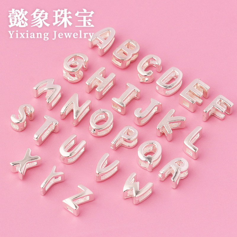S925 Plain Silver 26 English Letter Pendant Material Handmade DIY Braided Rope Beaded Bracelet Spacer Beads Loose Bead Accessories