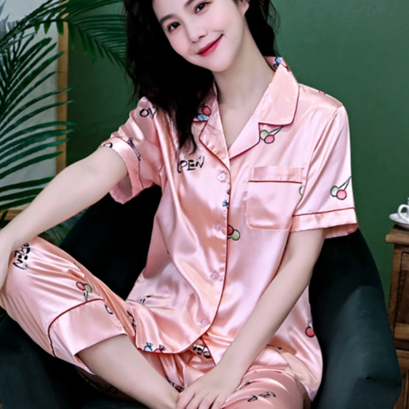 女士春夏季短袖长裤冰丝睡衣女夏薄款家居服丝绸开衫大码两件套装