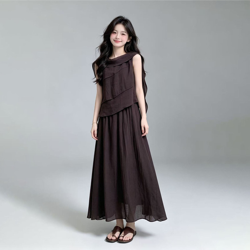 Gorgeous Tencel Dress Set for Women, Summer 2026 Outfit, Complete Set with Skirt and Top with Ribbons, Two-Piece Set