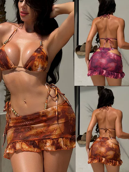2026 Aliexpress Amazon Women's Printed Three-Piece Swimsuit Sexy Bikini Bikiniws8005