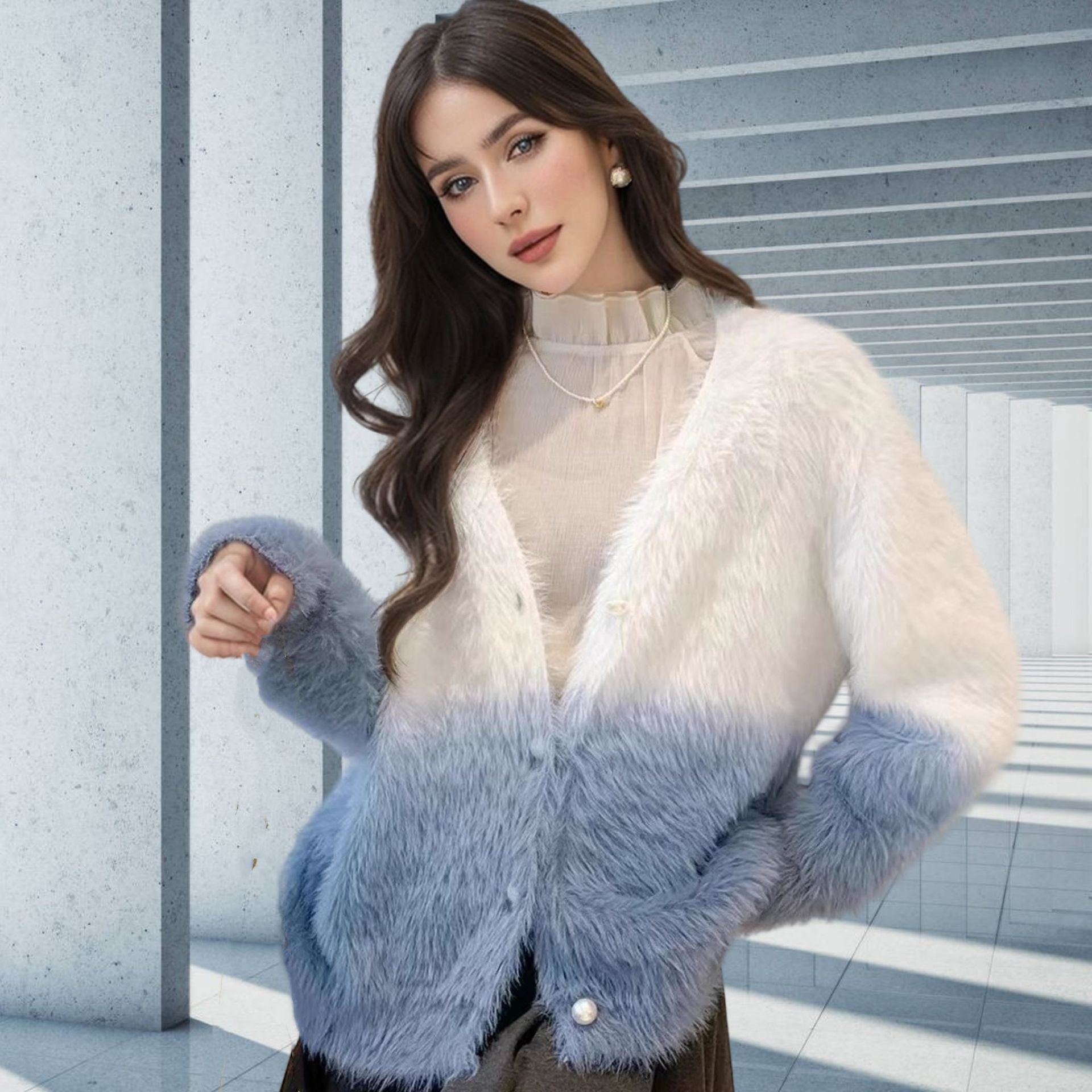 Herbst und Winter V-Ausschnitt kurze Nerzpelz Krawatte de Pullover Jacke, Damenoberbekleidung, Strickjacke Top,_voghion.com