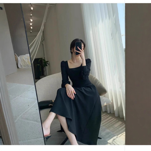 Women's Black Long Sleeve Square Neck Dress, High-Quality Plus Size Long Dress, Autumn Thin Version, Slimming Waist, Pictures and Colors Available