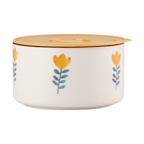 Three-piece set of ceramic fresh-keeping bowls, microwaveable and refrigerated, sealed with lid, household ceramic lunch box, fruit lunch box