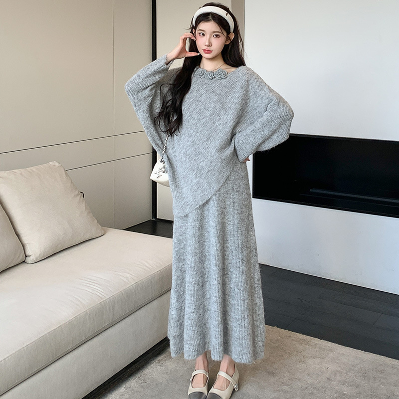 孕妇套装秋季新款宽松休闲立体花朵毛衣针织半裙甜美显瘦潮妈套装|undefined