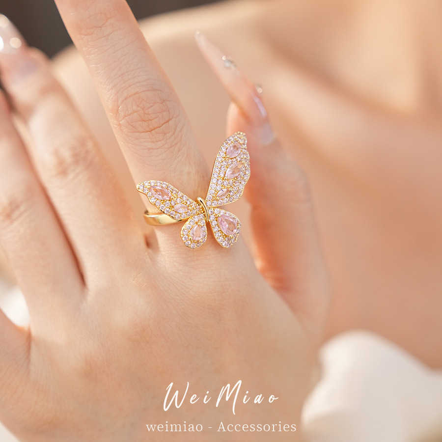 Pink Zircon Butterfly Bracelet Anillo Collar Chain Clave Personalidad Jewelry Set
