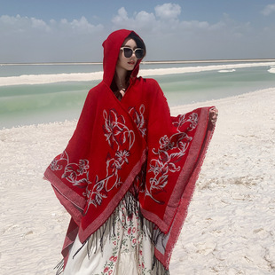 Ethnic style hooded large shawl women's Xizang Yunnan photography cloak northwest Sichuan west travel wear cloak outerwear