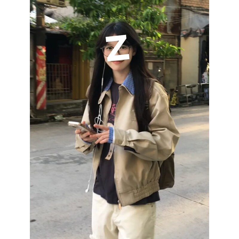 格子拼接翻领外套女春秋2025新款宽松休闲短款男女款工装夹克上衣|undefined