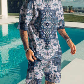 2022亚马逊外贸夏季抽象图片3D数码印花T恤套装休闲袖短裤两件套