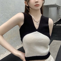 Cross-border design sense color-blocking patchwork Harajuku style short-sleeve knit mini backless top Japanese cute style top