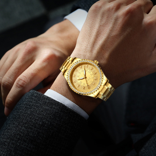 NIBOSI brand watch, gold-plated dial with diamond setting, Chinese zodiac animal-themed men's watch, waterproof gold watch, quartz