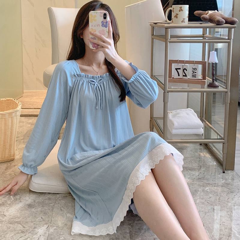 Otoño nuevo pijama simple vestido de mujer rodilla dulce encaje princesa en vivo pijama casero al por mayor