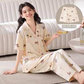 夏季纯棉女短袖短裤长裤三件套开衫翻领睡衣休闲女家居服