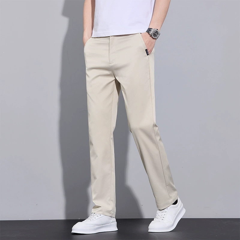 Мужские летние брюки 2025 года, новые, деловой повседневный стиль, тонкие, из ледяного шелка, модные, зауженные, повседневные.