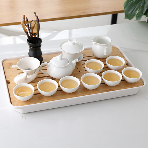 A complete set of white ceramic Chaoshan Gongfu tea set for home use, high-temperature resistant, simple Chinese style, including teapot, lid, and cups
