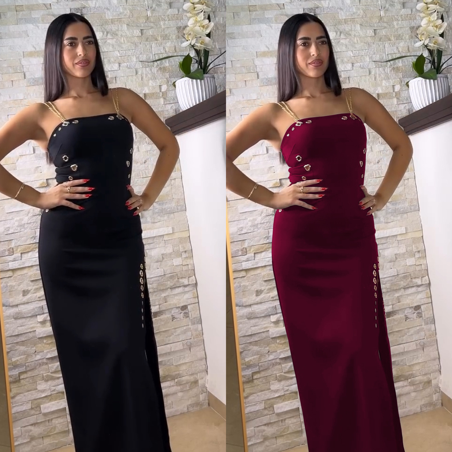 C7522 Aliexpress transfronterizo amazon ropa de moda europea y americana de mujer elegante cadena de oro sexy vestido de horquilla