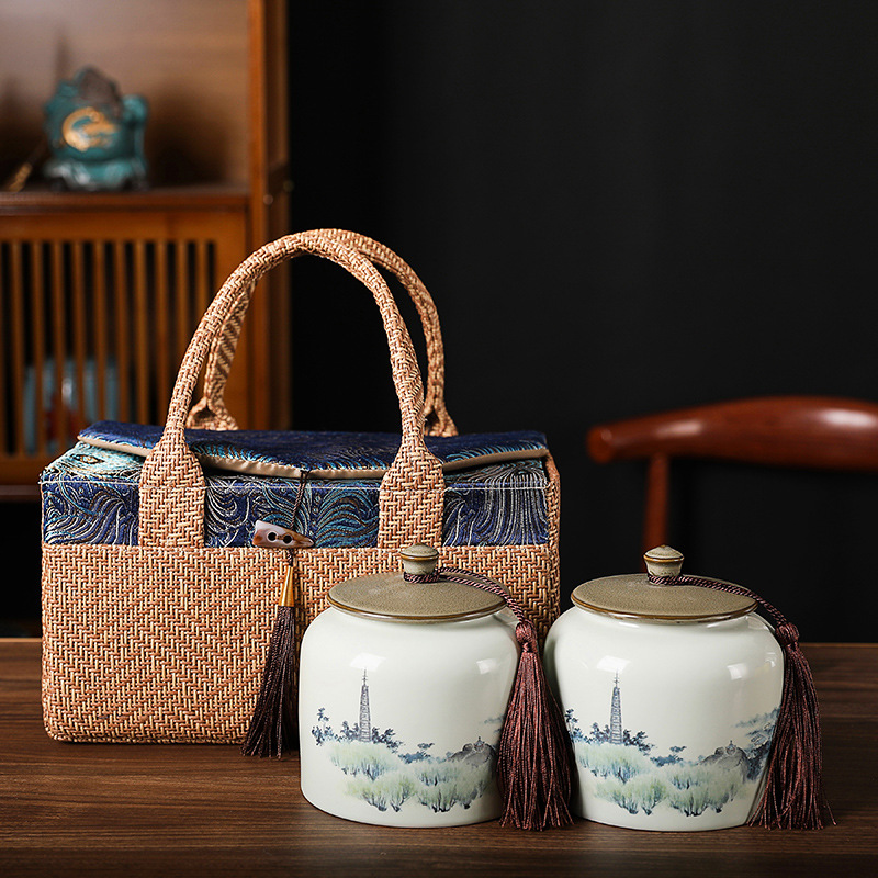 Vintage Wicker Fabric Bag Half A Pound Ceramic Tea Canister with Red and Green Tea, Longjing and Pu-erh Packaging with LOGO for Wholesale