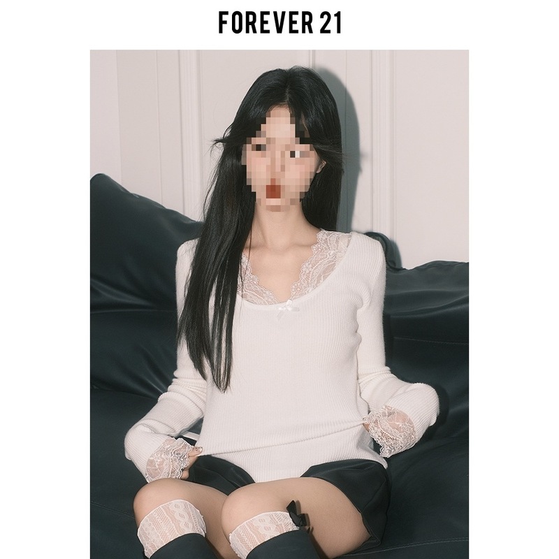Forever21纯欲杏色蕾丝拼接V领上衣女秋冬法式打底长袖修身针织衫|undefined