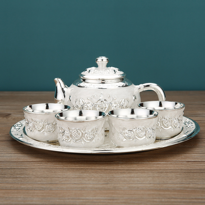 실버 화이트 로즈 와인 저그 + 4 로즈 와인 잔