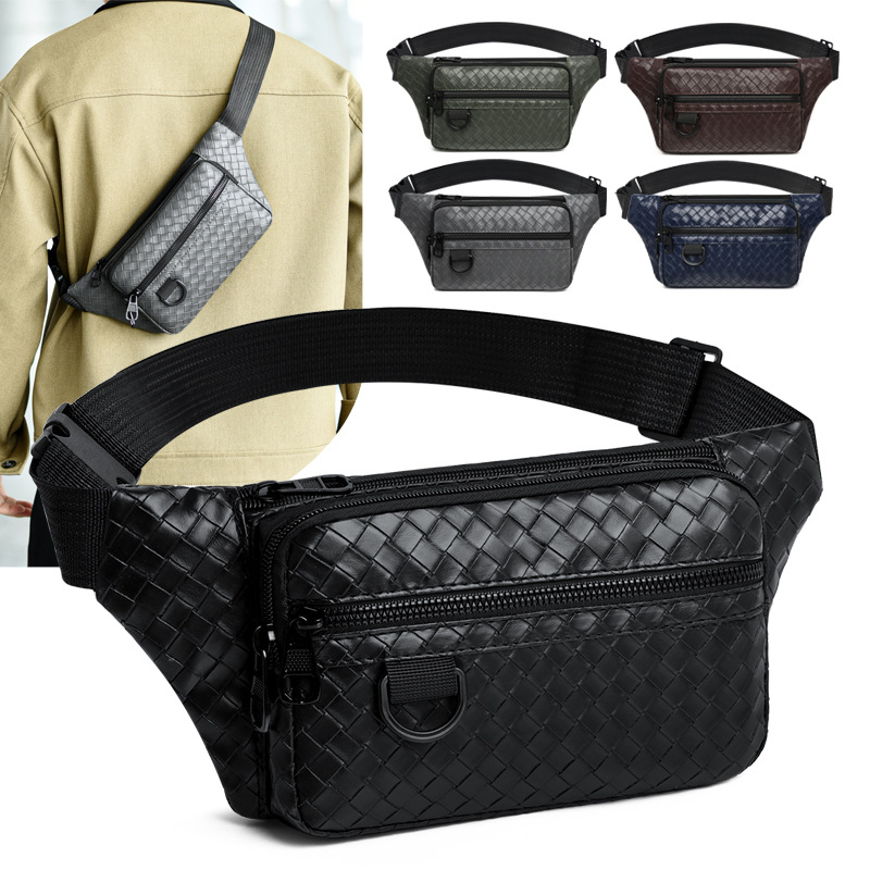 Trendy Casual Men's Waist Bag for Outdoor Sports and Cycling, Fashionable Chest Bag with Pu Leather Woven Pattern, Korean Style Single Shoulder Crossbody Bag